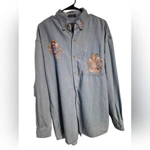 Embroidered Angel Denim Long Sleeve Shirt